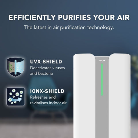 Ionmax+ Aire high-performance HEPA air purifier efficiently purifies the air with UVX-Shield and IONX-Shield