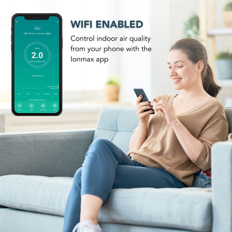 Ionmax+ Aire high-performance HEPA air purifier is compatible with the Ionmax mobile app