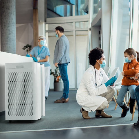 Ionmax+ Aire high-performance HEPA air purifier in the hospital waiting area