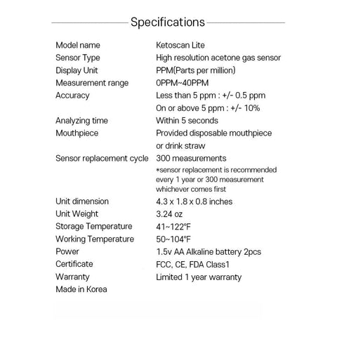 KetoScan Lite Ketone Meter specification