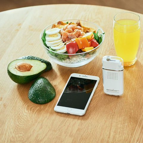 KetoScan Mini Ketone Breath Meter on the table with food