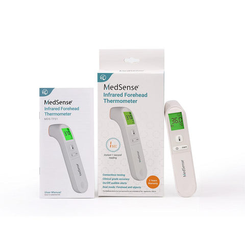 MedSense Digital Infrared Thermometer for Forehead and Objects packaging box and user manual