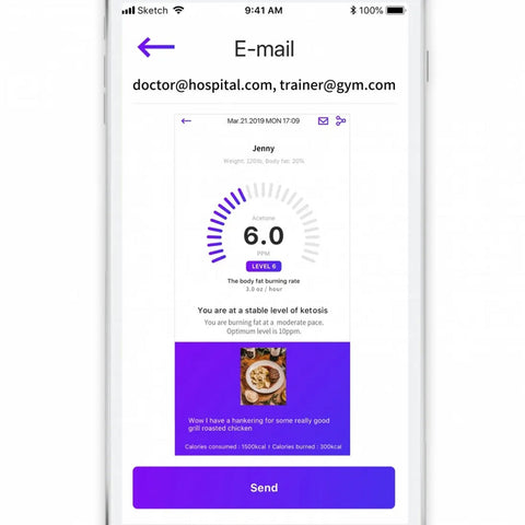 Email your ketone results using the KetoScan Mini Ketone Breath Meter's mobile app